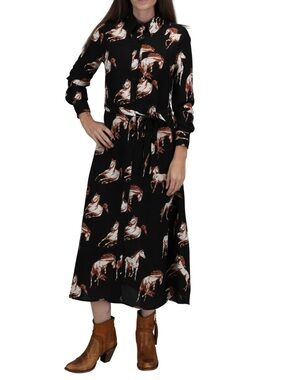 Button-Front Black Midi Dress with Horse Print